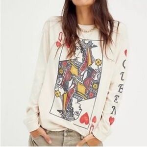 Free People Cream Queen Graphic Long Sleeve Top